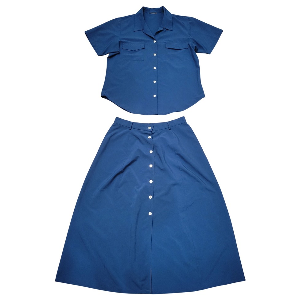 Travel Smith L 2pc Skirt Blouse Set Blue Button Front Midi Coastal Summer Modest
